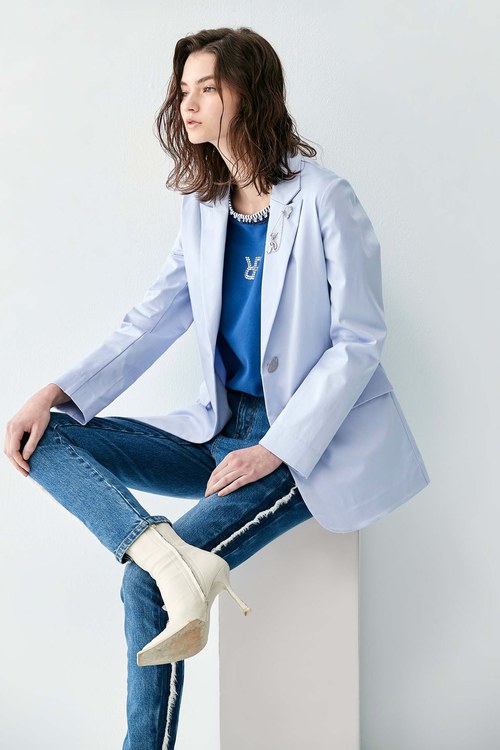 Light Blue Mid-Length Blazer,Blazers