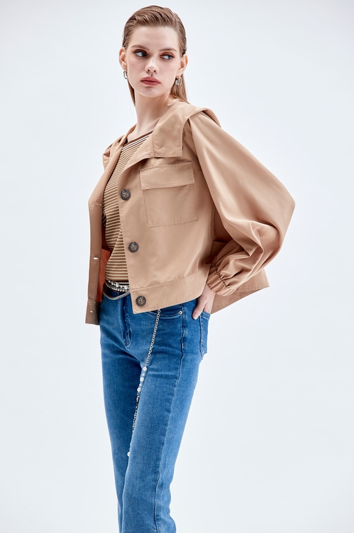 Button Front Hoodie Crop Jacket,Trench coats