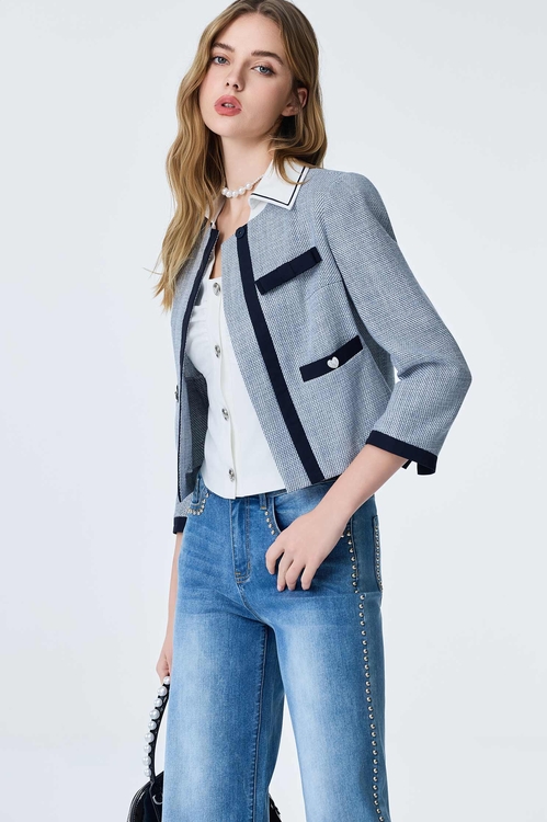 Contrast Bow Detail Crop Jacket,Jackets