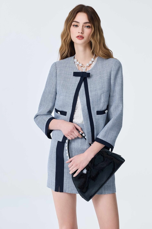 Contrast Bow Detail Crop Jacket,Jackets