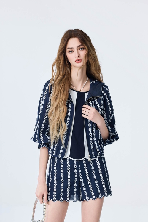 Navy Hoodie Jacket With Contrast Lace Detail,Jackets
