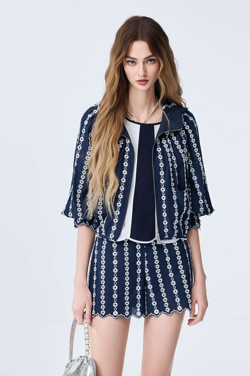Navy Hoodie Jacket With Contrast Lace Detail,Jackets