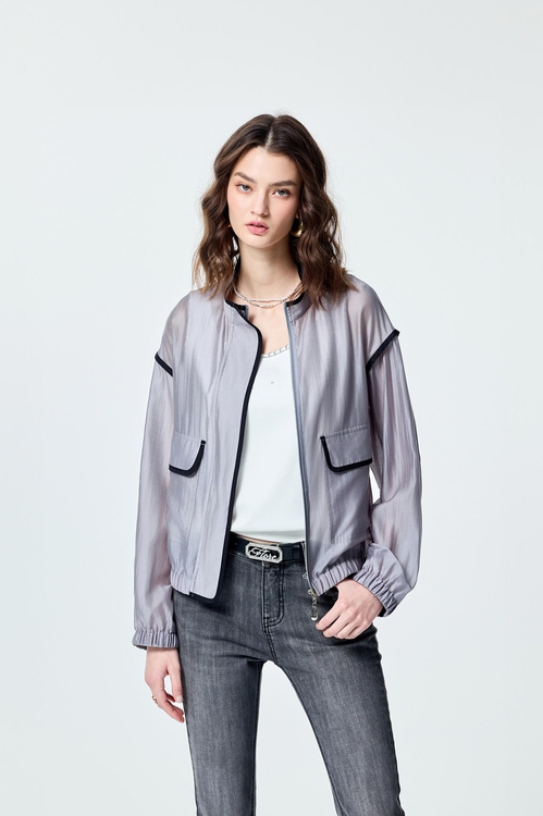 Contrast Trim Detail Grey Bomber Jacket,Outerwear