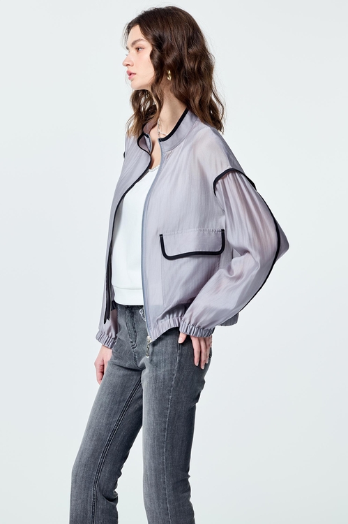 Contrast Trim Detail Grey Bomber Jacket,Outerwear