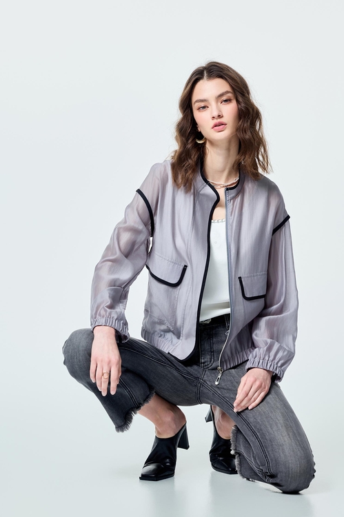 Contrast Trim Detail Grey Bomber Jacket,Outerwear
