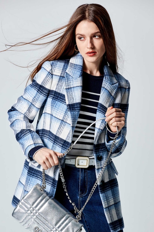 Two Tone Blue Checkered Blazer,Plaid