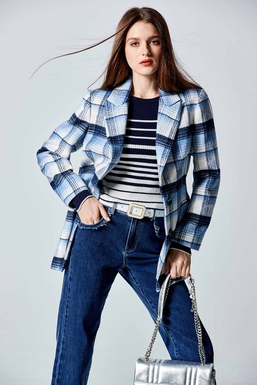 Two Tone Blue Checkered Blazer,Outerwear