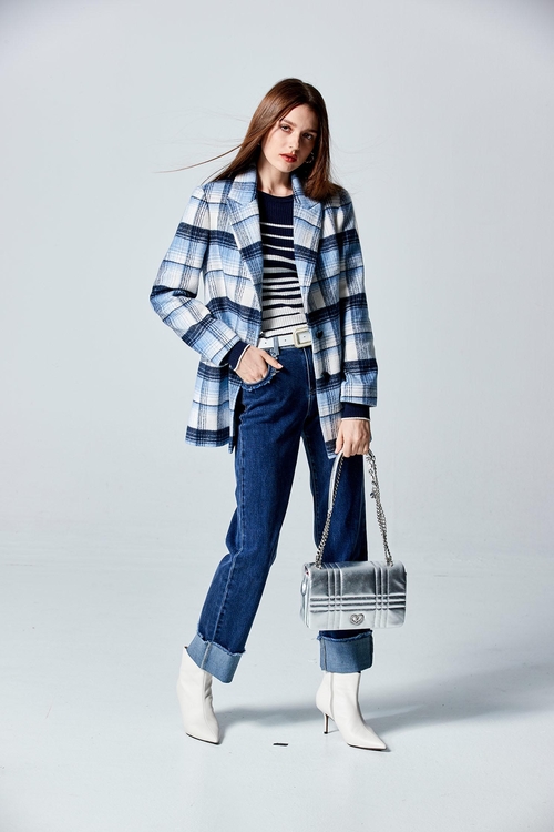 Two Tone Blue Checkered Blazer,Plaid