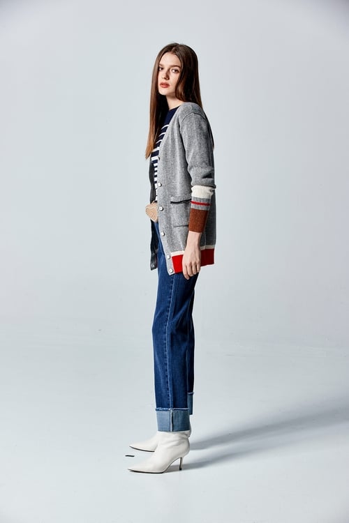 V-neck Colour Block Knit Cardigan,longcoats