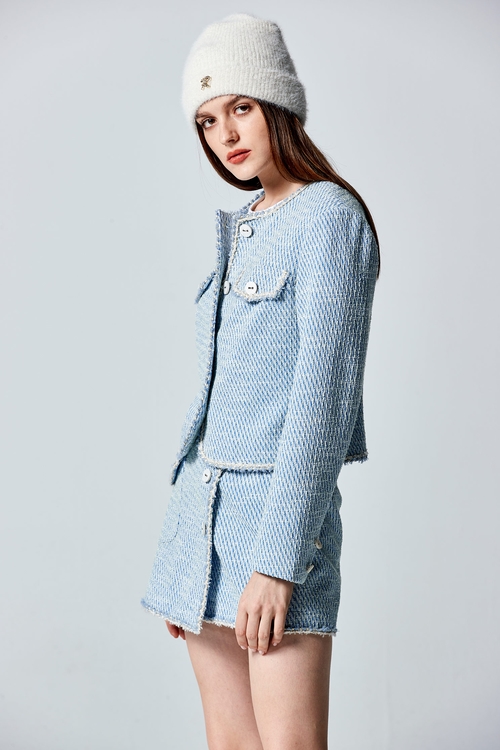 Dusty Blue Tweed Jacket,Long sleeve outerwear