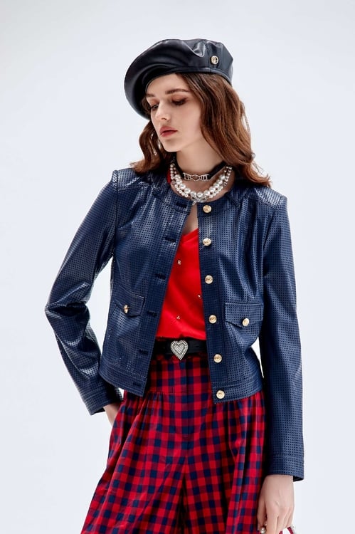 Navy PU Crop Jacket,Jackets