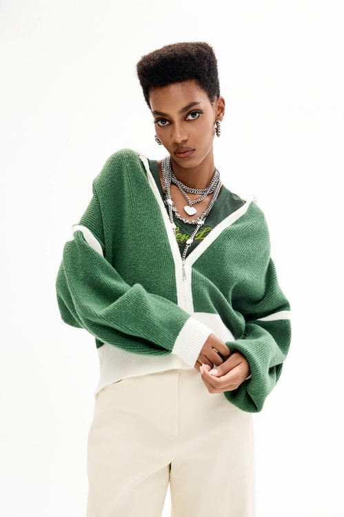 Colour Contrast Hoodie Knit Cardigan,Outerwear