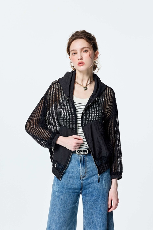 Front Zip Mix Fabric Hoodie Jacket,Season (SS) Look