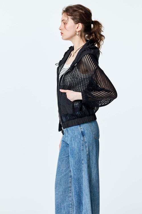 Front Zip Mix Fabric Hoodie Jacket,Season (SS) Look