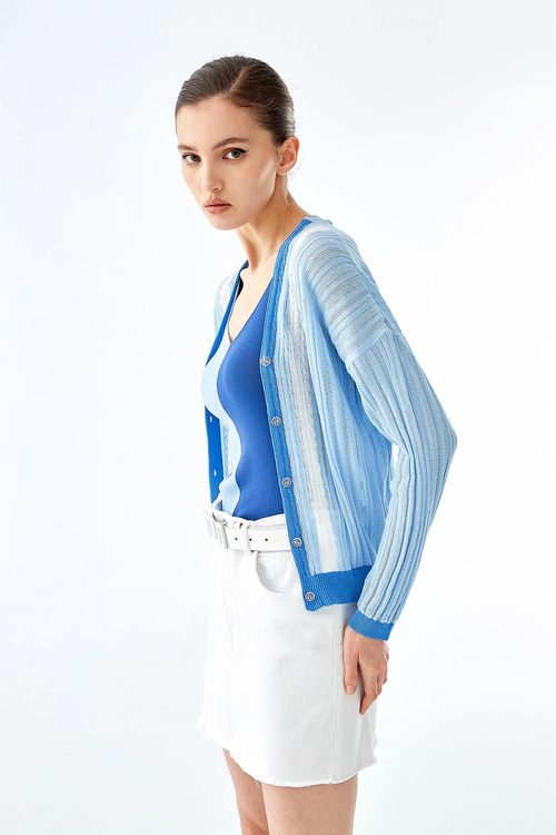 Crop Blue Summer Knit Cardigan,healing colors