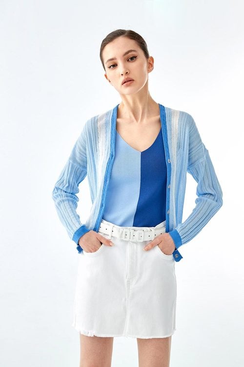 Crop Blue Summer Knit Cardigan,V-Neck T shirts