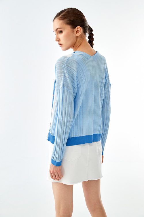 Crop Blue Summer Knit Cardigan,V-Neck T shirts