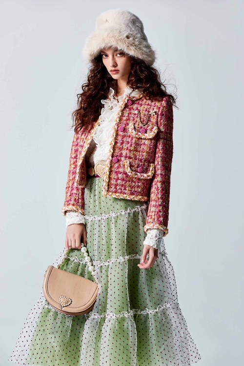 Crop Tweed Jacket With Brooch Accessory,Long sleeve outerwear