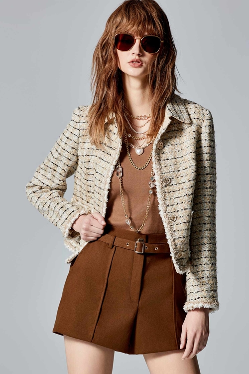 Contrast Stripe Tweed Jacket,Long sleeve outerwear