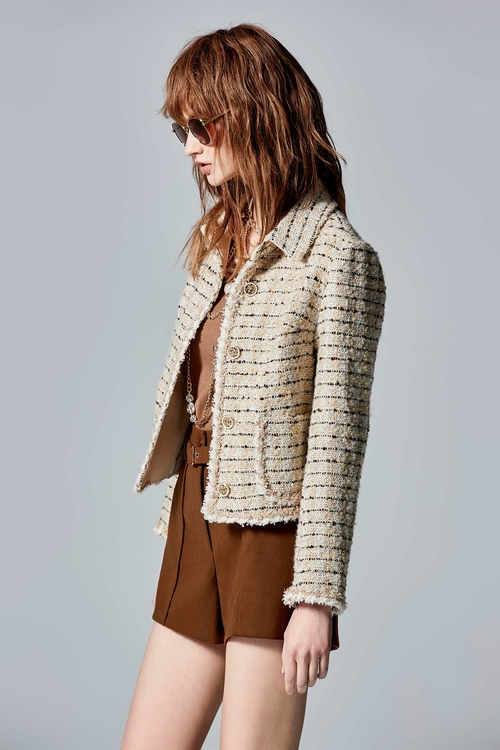 Contrast Stripe Tweed Jacket,Long sleeve outerwear