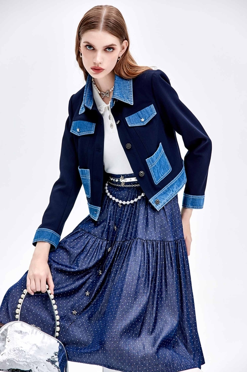 Contrast Denim Crop Jacket,Outerwear