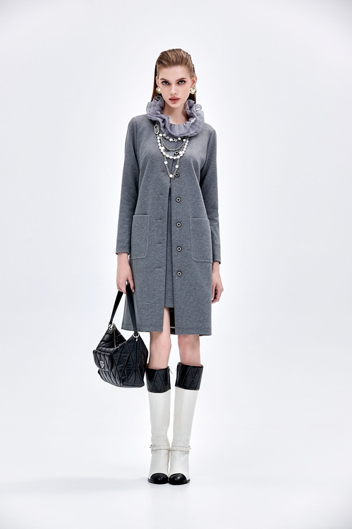 Round Neck Grey Trench Coat,Outerwear