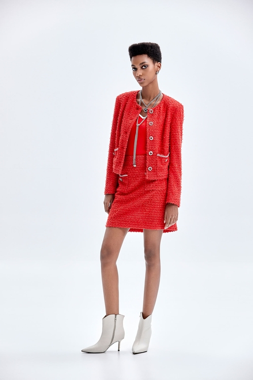 Red Tweed Crop Jacket,Jackets