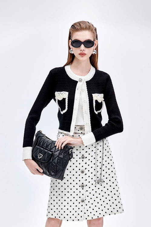 Contrast Detail Knit Cardigan With Pearl Detail,Knitted coats