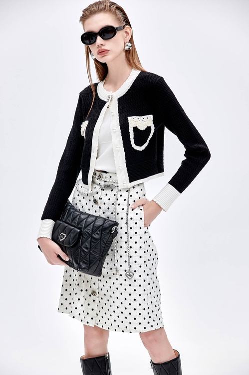 Contrast Detail Knit Cardigan With Pearl Detail,Outerwear