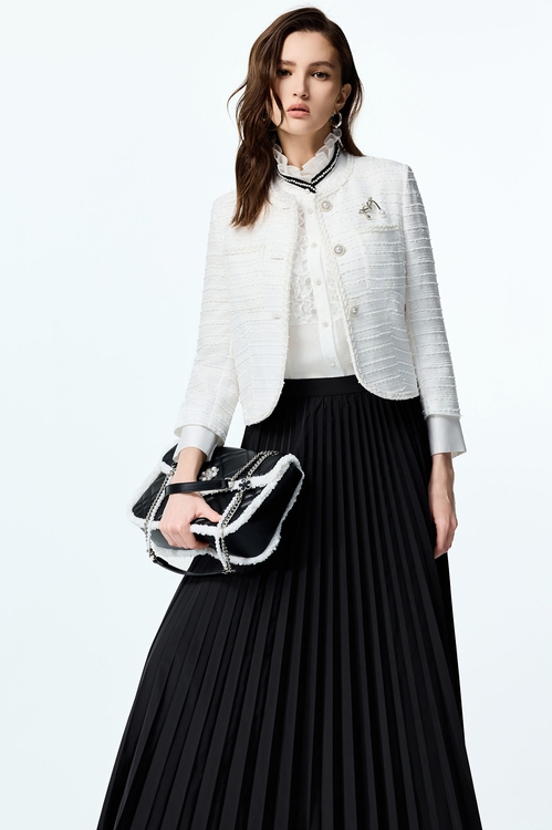 White Tweed Crop Jacket,Outerwear