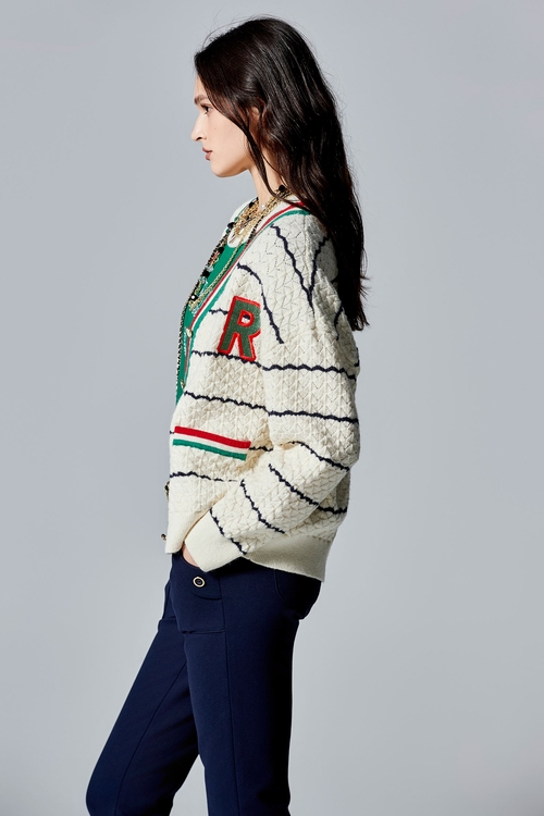 Contrast Stripe Long Sleeve Knit Cardigan,Embroidered,Embroidered