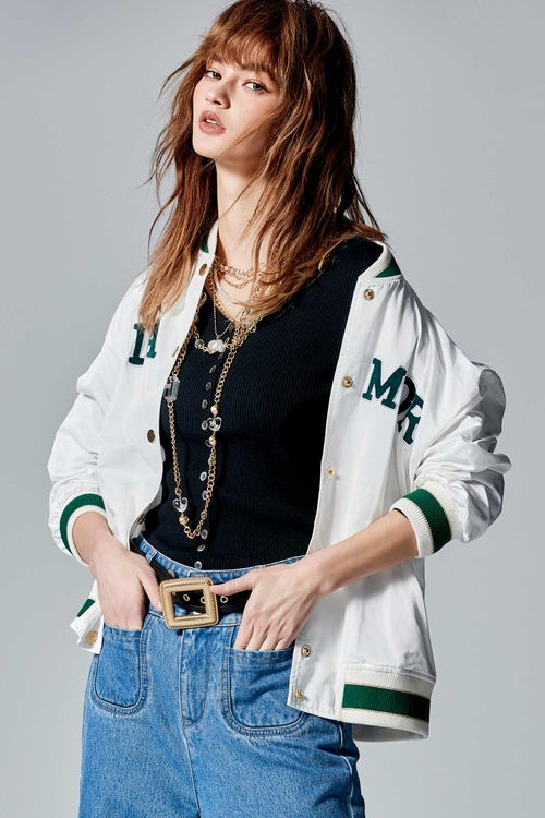 Front Slogan Contrast Trim Bomber Jacket,Embroidered,Embroidered