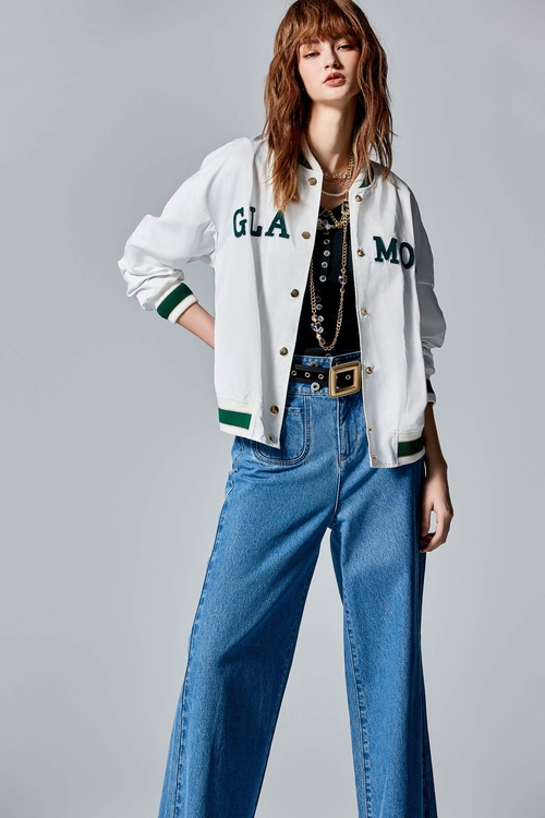 Front Slogan Contrast Trim Bomber Jacket,Outerwear