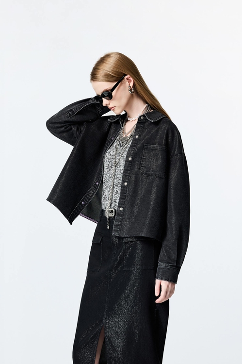 Metallic Sheen Grey Denim Jacket,Jackets