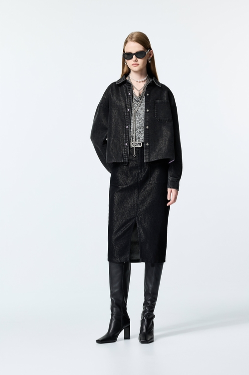 Metallic Sheen Grey Denim Jacket,Jackets