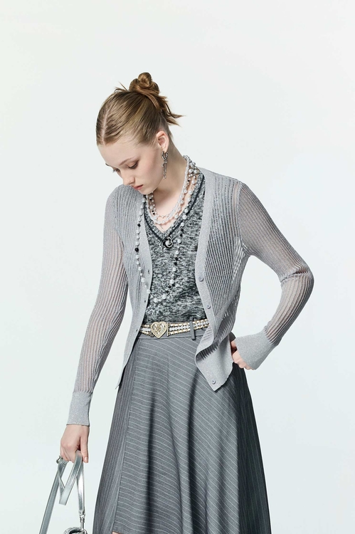 Metallic Light Grey Knit Cardigan,Jackets