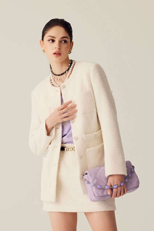 Mid Length Cream Colour Pearl Jacket,longcoats