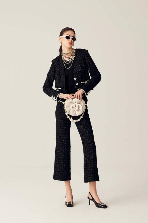 Metallic Fiber Pearl Button Crop Jacket,Blazers