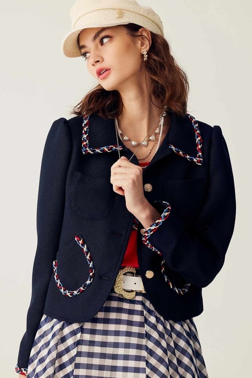 Navy Blazer With Contrast Trim Detail,Blazers