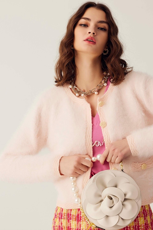 Light Pink Fuzzy Knit Cardigan,Knitted coats