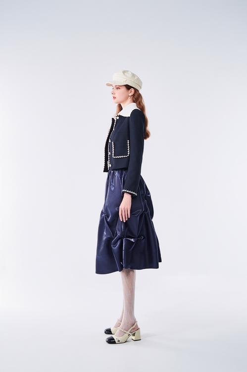 Navy Crop Jacket With Contrast Collar,Jackets