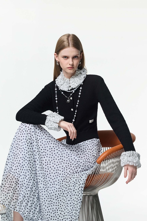 Contrast Ruffle Detail Knit Cardigan,dotcollection