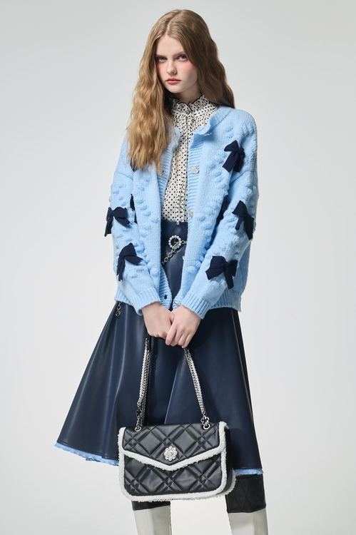 Contrast Bow Detail Knit Jacket,Tops