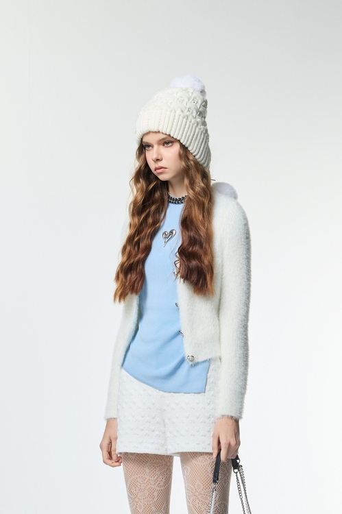 V-neck Faux Fur Knit Cardigan,Jackets