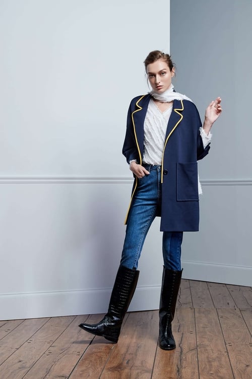 Navy Oversize Contrast Trim Jacket,Long sleeve outerwear