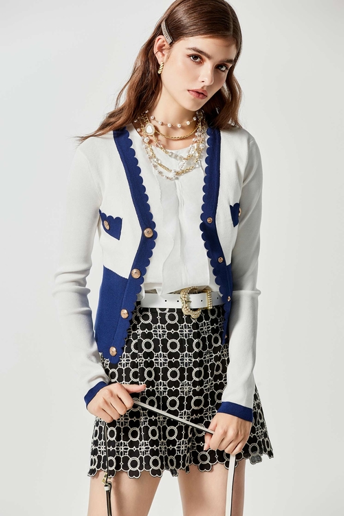 V-neck Colour Block Knit Cardigan,Knitted coats