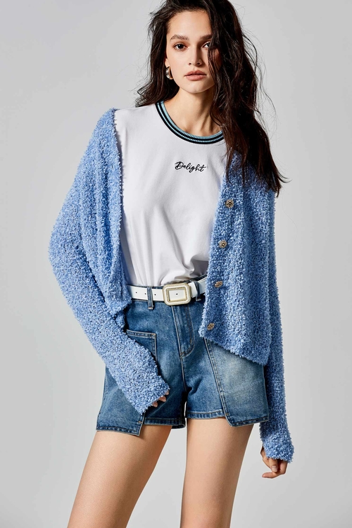 Blue V-neck Cardigan,Knitted coats