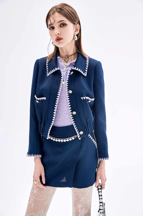 Purple Trim Detail Navy Jacket,,Purple Trim Detail Navy Jacket,Jackets,Outerwear,Season (SS) Look,Trench coats,Jackets,Outerwear,Season (SS) Look,Jackets,Embroidered,Outerwear,Season (SS) Look,Skorts