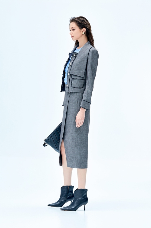 Grey Bow Collar Jacket,Embroidered,Embroidered