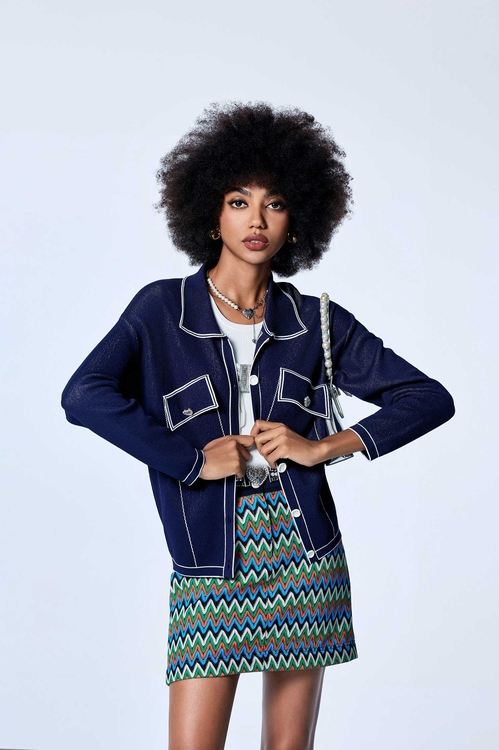 Contrast Trim Navy Cardigan,Knitted coats